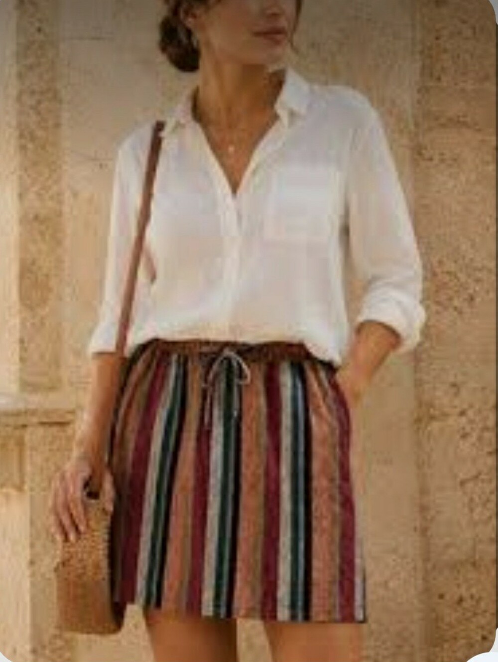 Garnet Hill Womens Essential Linen Skirt Striped Drawstring Pull On Y2K Retro